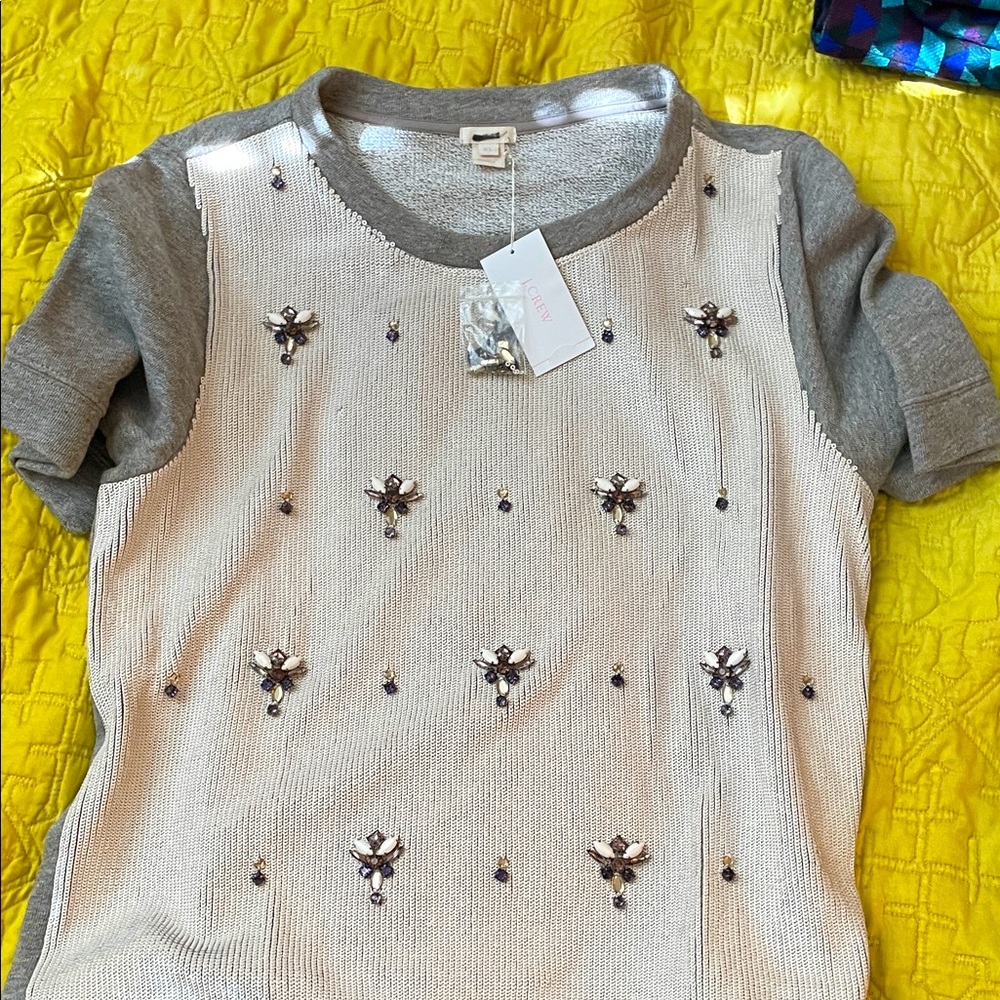 J. Crew Gray and Cream Embellished Tee